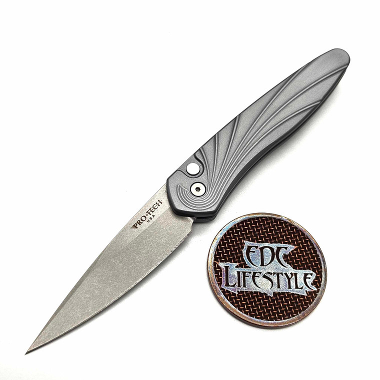 Pro-Tech Knives Newport Automatic Knife Special Grey Handle w/3D Wave, Mother of Pearl Button, 3" Stonewash Blade 3436-Grey