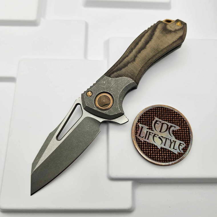 Marfione Custom Knives Protocol Wharncliffe Two-Tone Apocalyptic, Apocalyptic Titanium Bolster w/Green Micarta Scales & Bronze Accents & Ti HW Serial 004 - Preowned