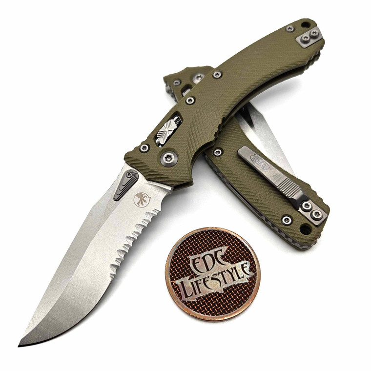 Microtech Amphibian Ram-Lok 137RL-11FLGTOD Fluted OD Green G-10 Stonewash Standard Partial Serrated