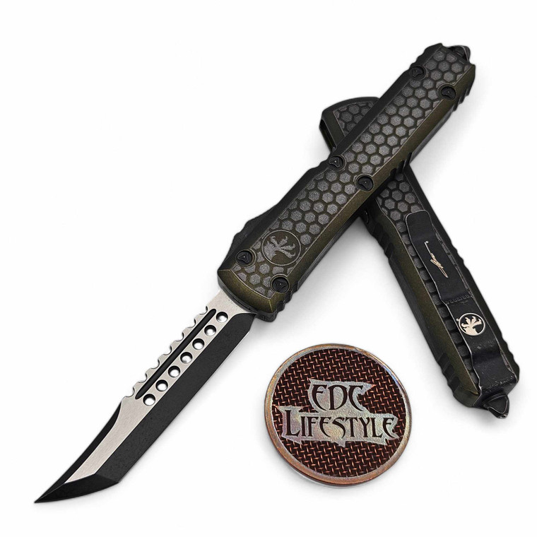 Microtech Ultratech 119-1HXWODS Hex Pattern Weathered OD Green Hellhound Tanto Distressed Black