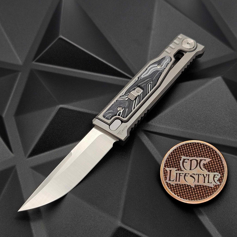 Reate Knives Exo-M Gravity Knife Black/White G-10 Damascus Pattern 6AL4V Titanium Bead Blast Handle, ELMAX Satin Drop Point Single Edge 3.125" Blade