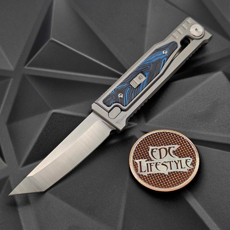 Reate Knives Exo-M Gravity Knife Blue/Black G-10 Damascus Pattern 6AL4V Titanium Bead Blast Handle, ELMAX Satin Tanto Edge 3.125" Blade