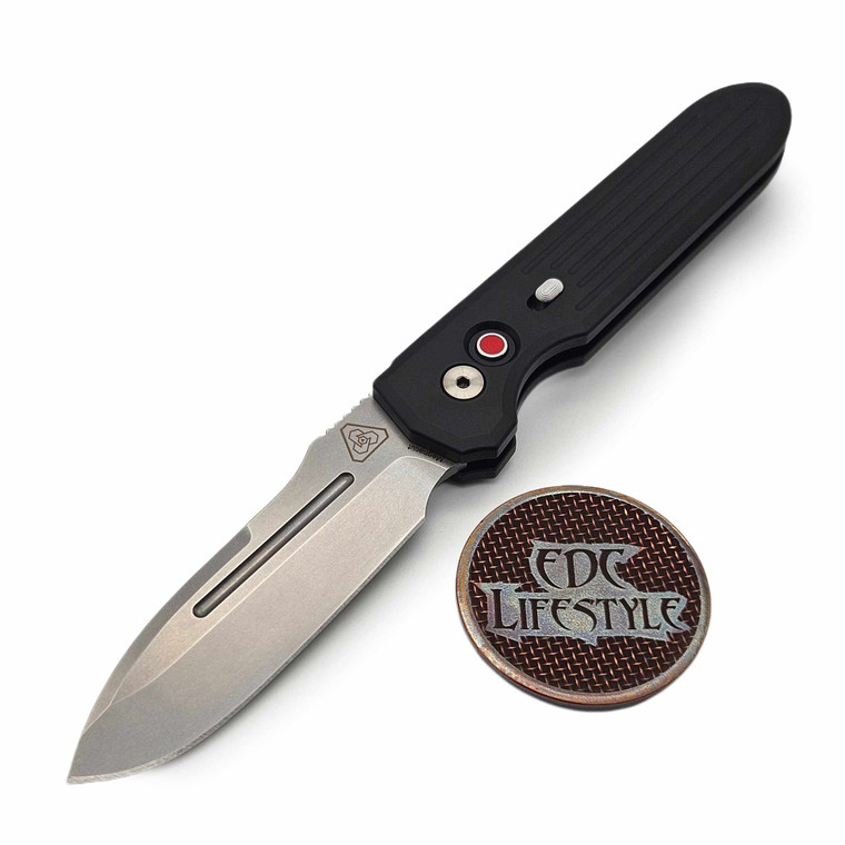 Pro-Tech Knives Prometheus Design Werx Auto Invictus Black handle, red g-10 push button,  "NEW STEEL SAFETY", Stonewash CPM-Magnacut 3.47" blade, black clip 1804