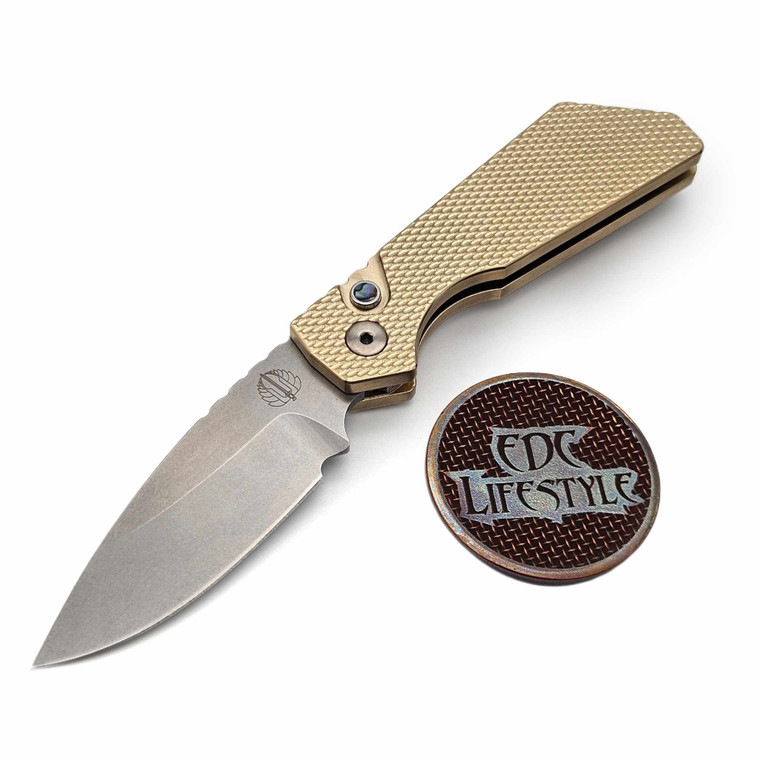 Pro-Tech Knives Strider PT+ Textured Aluminum Bronze handle, stonewash Magnacut Blade, satin hardware, satin clip, abalone button PT234