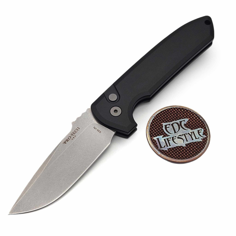 Pro-Tech Knives Rockeye SBR Auto Solid Black Handle, blasted hardware, black clip, stonewash CPM-S35vn, Plain Edge 3.4" Blade LG301