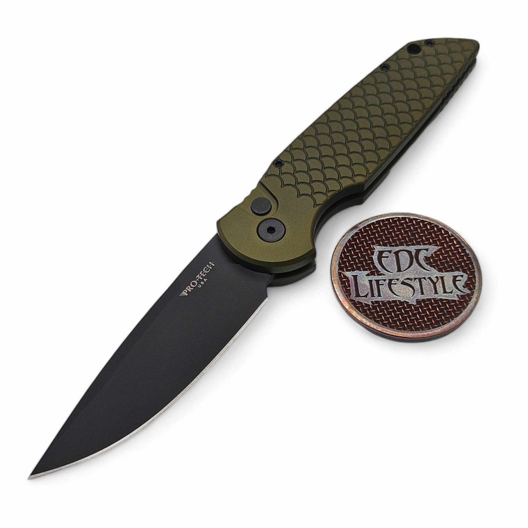 Pro-Tech Knives TR-3 Tactical Response X1 Auto Knife 3.5" Clip Point Blade, Green Handle with "Fish Scale" engraved frame, black blade TR-3X1Green