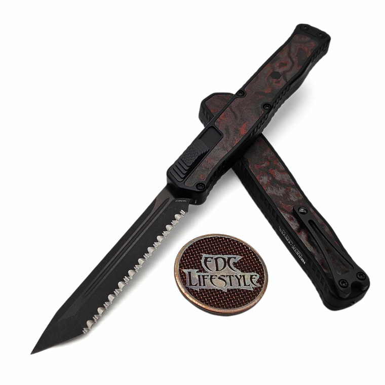 Heretic Cleric II Tanto Full Serrated DLC Red Camo Carbon Inlay