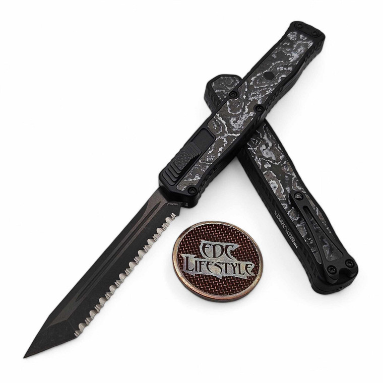 Heretic Cleric II Tanto Full Serrated DLC White Camo Carbon Inlay H019-6C-WT/CC