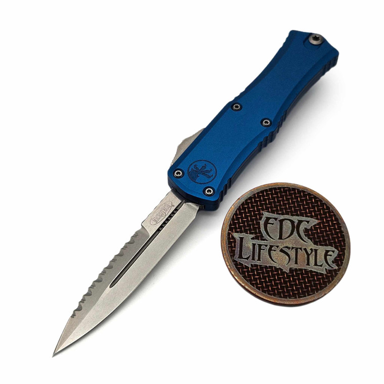 Microtech Hera II Mini Blue 2.90" Bayonet Full Serrated Stonewash 1701M-12BL By Edc Lifestyle