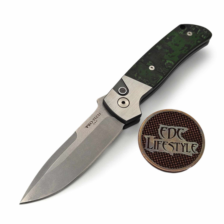 Pro-Tech Knives Steel Terzuola Custom 2-Tone matte/satin 416  steel frame, Fat Carbon "Jungle Wear" Inlays, MOP push button, Stonewash Magnacut 3.5" Blade, 3D Titanium Clip 2023 ATCF.006