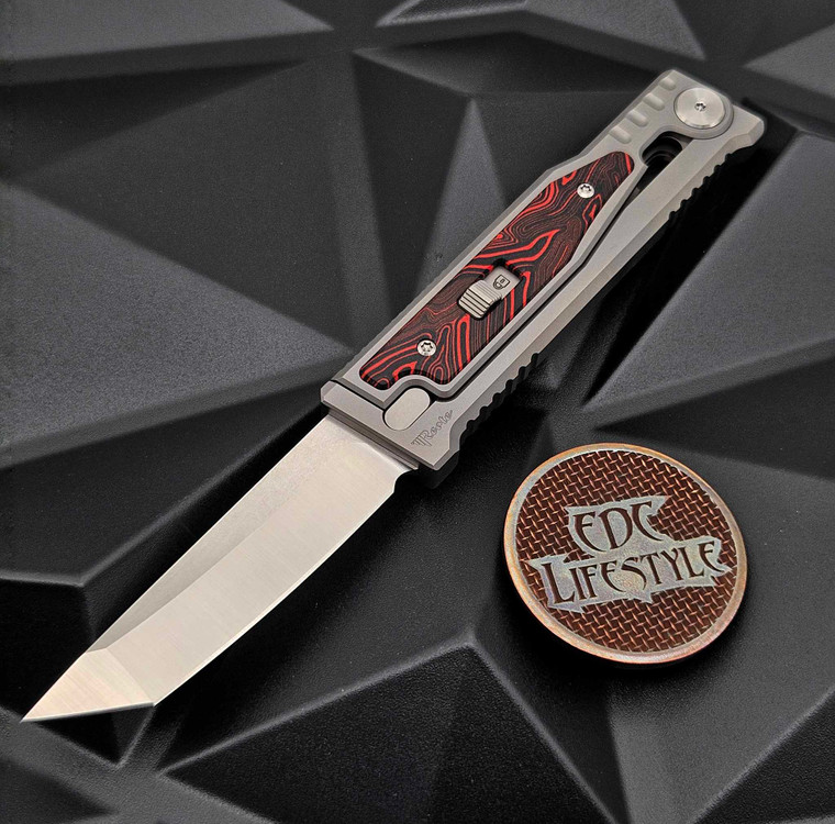 Reate Knives Exo-M Gravity Knife Red/Black G-10 Damascus Pattern 6AL4V Titanium Bead Blast Handle, ELMAX Satin Tanto Edge 3.125" Blade