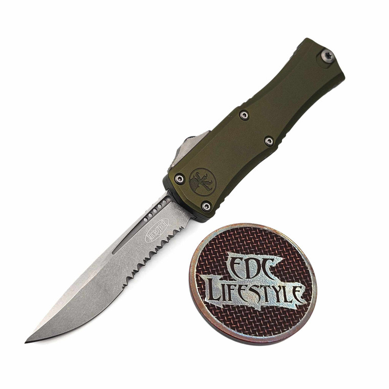 Microtech Hera II Mini OD Green 2.90" Recurve Partial Serrated Stonewash 1705M-11OD By Edc Lifestyle