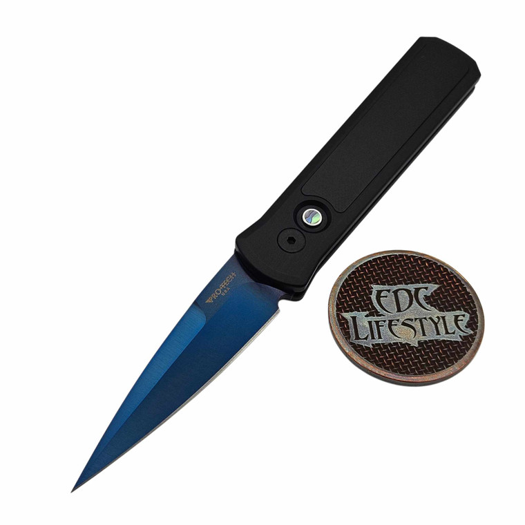 Pro-Tech Knives Godson Folder Automatic Knife Sapphire Blue 3.15" Blade, Black Handle w/single side G-10 inlay, abalone button 755-SB