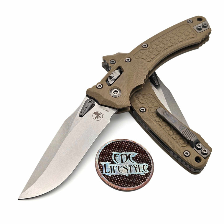 Microtech Amphibian Manual Ram-Lok Tan Frag G-10 3.88" S/E Stonewash 137RL-10FRGTTA  By Edc Lifestyle
