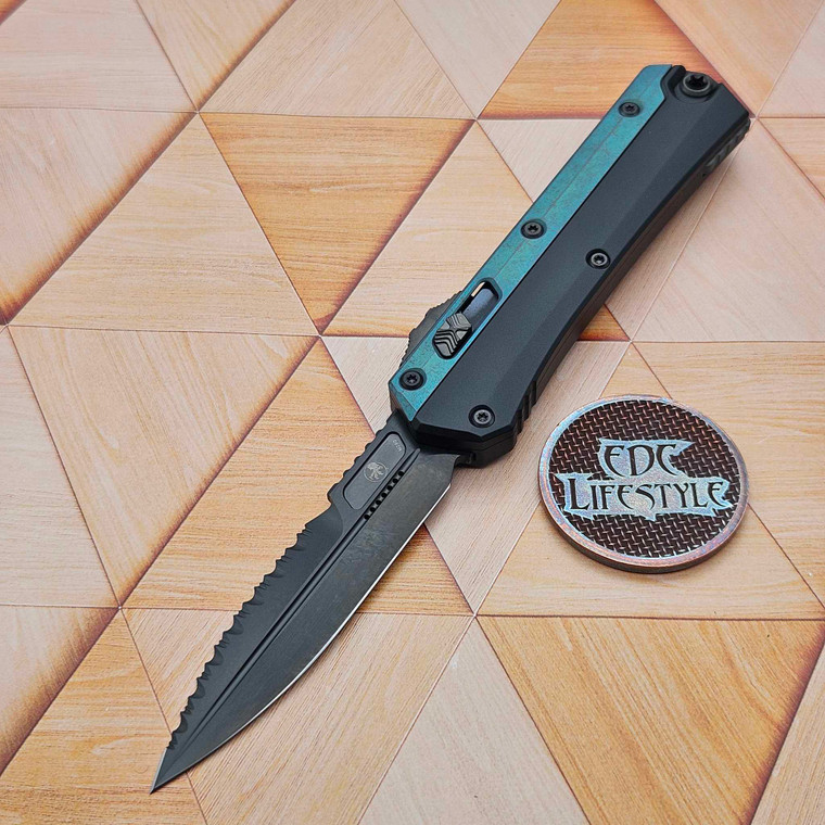 Microtech Knives Glykon 184-2DLCAG Partial Serrated Bayonet DLC Blade & HW, Antique Green Anodized Titanium Overlay and Clip - Preowned