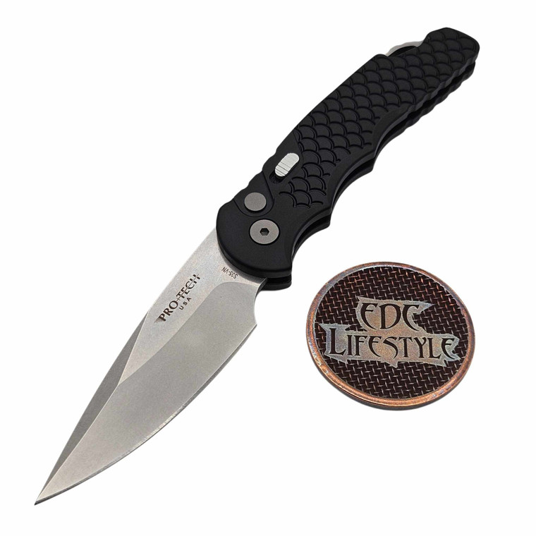 Pro-Tech Knives TR-5 Tactical Response 5 Auto Folder - Fish Scale Grip, Slide Safety & Steel Glass Breaker 3.25" Stonewash S35-VN Blade TR-5X1-SW