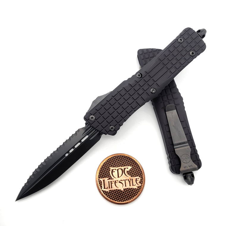 Microtech Combat Troodon 142-3CT-DSH Frag Delta Shadow DLC Double Edge Full Serrated Nickel Boron Internals