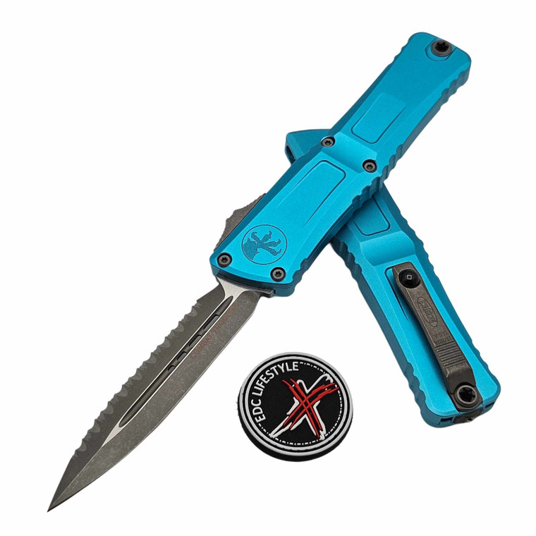 Microtech Combat Troodon Generation III 1142-12APTQ Turquoise Double Edge Full Serrated Apocalyptic