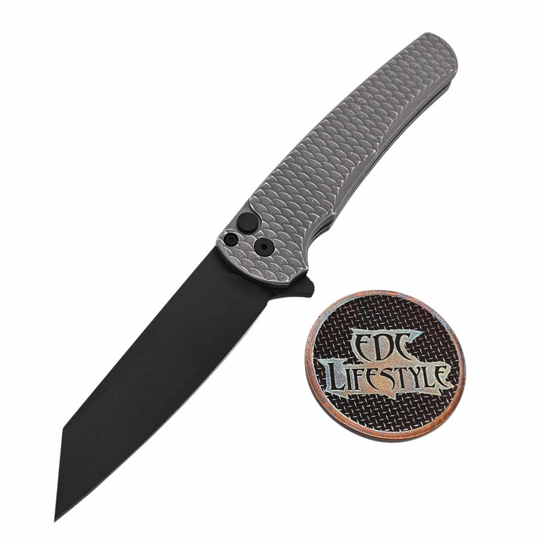 Pro-Tech Knives Malibu Flipper 5436 Grey Battleworn dragon scale aluminum handles, DLC reverse tanto magnacut 3.3" Blade 5436-BWGrey