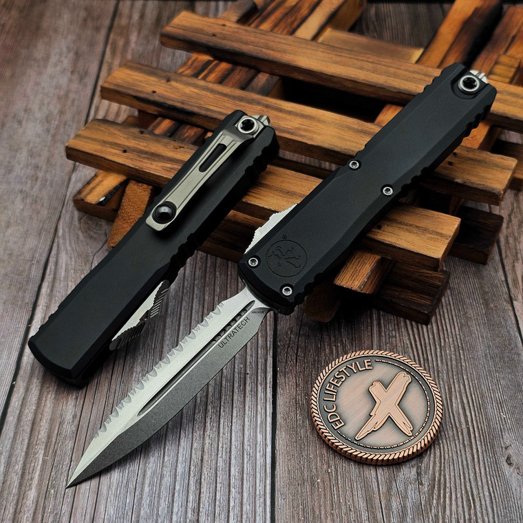 Microtech Ultratech ZBP 1122-12 Black Double Edge Full Serrated 3.5" Stonewash M390MK - Zero Blade Play