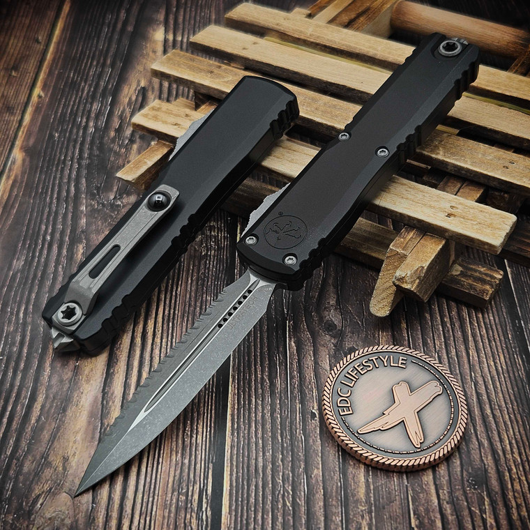 Microtech Ultratech ZBP 1122-12AP Black Double Edge Full Serrated 3.5" Apocalyptic M390MK - Zero Blade Play