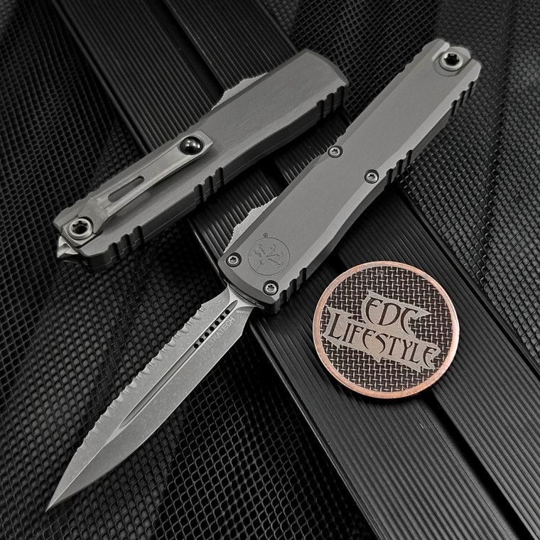 Microtech Ultratech ZBP 1122-12APNC Natural Clear Double Edge Full Serrated 3.5" Apocalyptic M390MK - Zero Blade Play