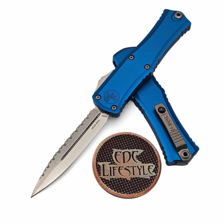 Microtech Hera II Mini Blue 2.90" D/E Full Serrated Stonewash 1702M-12BL By Edc Lifestyle