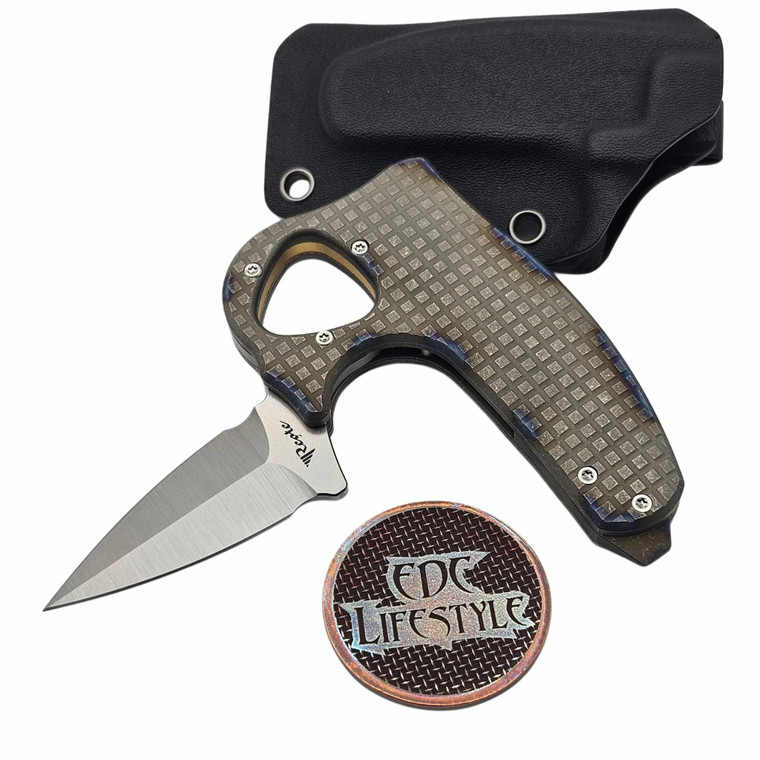 Reate Knives EXO-D Flamed Titanium Button Lock Folding Knife w/Safety 2.7" Dagger Elmax Belt Satin Blade