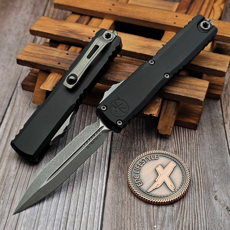 Microtech Ultratech ZBP 1122-10AP Black Double Edge 3.5" Apocalyptic M390MK - Zero Blade Play