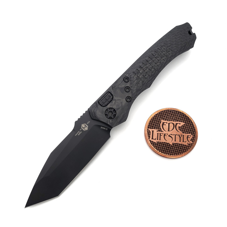 Heretic Knives Auto Wraith Tanto DLC Carbon Fiber w/Marbled Carbon Fiber Bolster