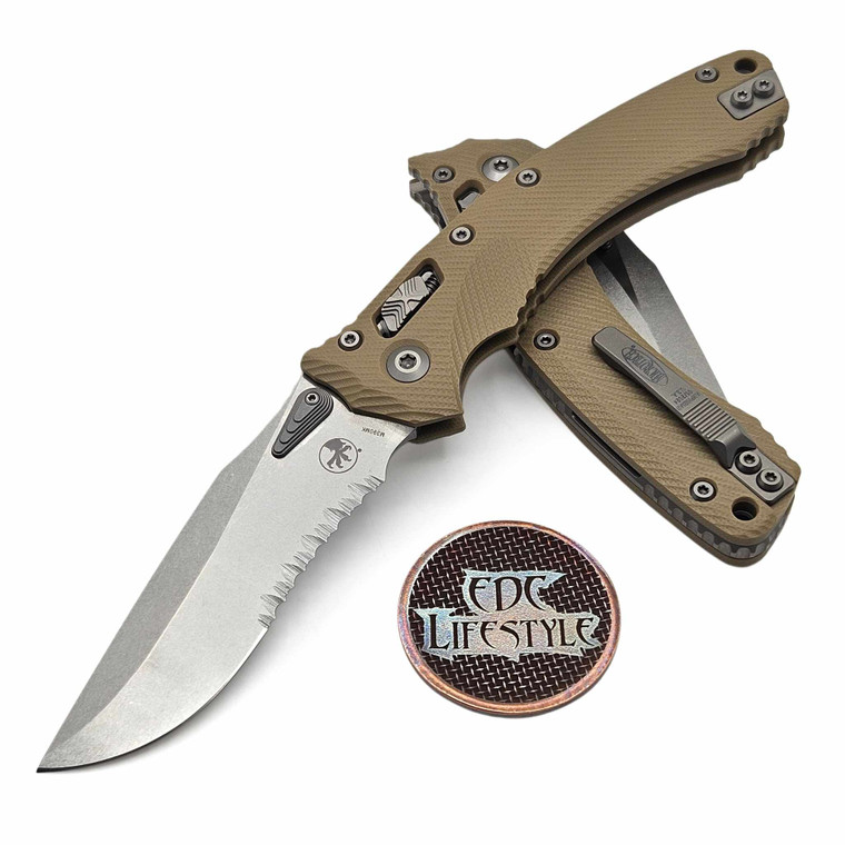 Microtech Amphibian Manual Ram-Lok Tan Fluted G-10 3.88" S/E Partial Serrated Stonewash 137RL-11FLGTTA By Edc Lifestyle