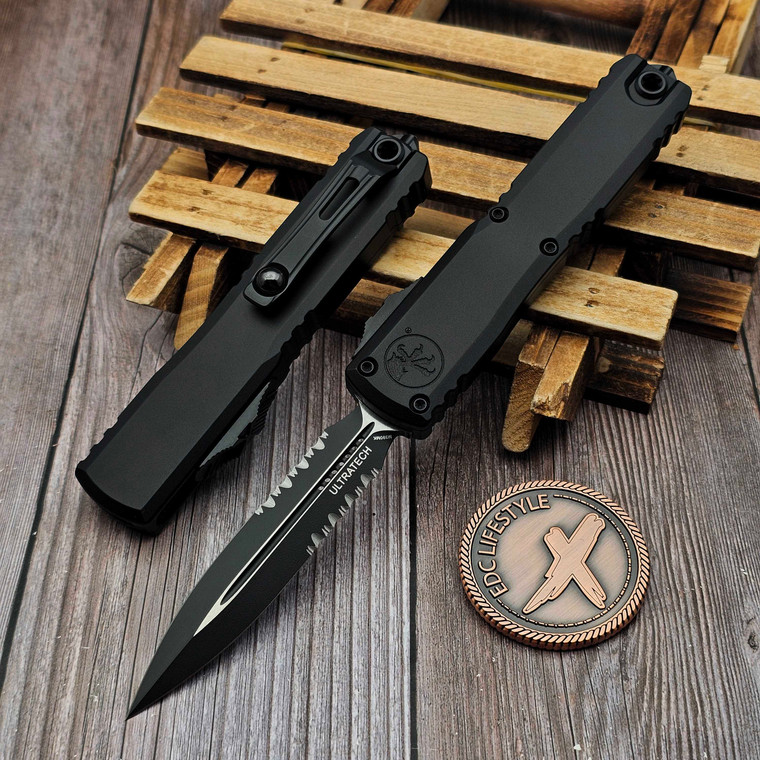 Microtech Ultratech ZBP 1122-2T Black Tactical Double Edge Partial Serrated 3.5" Black Standard M390MK - Zero Blade Play