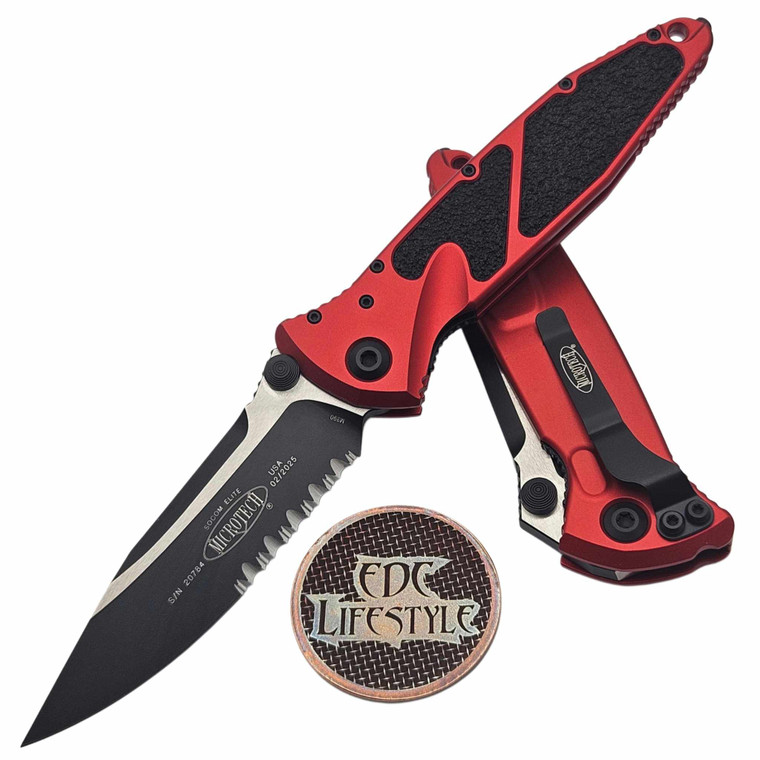Microtech Socom Elite Manual Red 4" S/E Partial Serrated Black 160-2RD Single Edge on EDC Lifestyle
