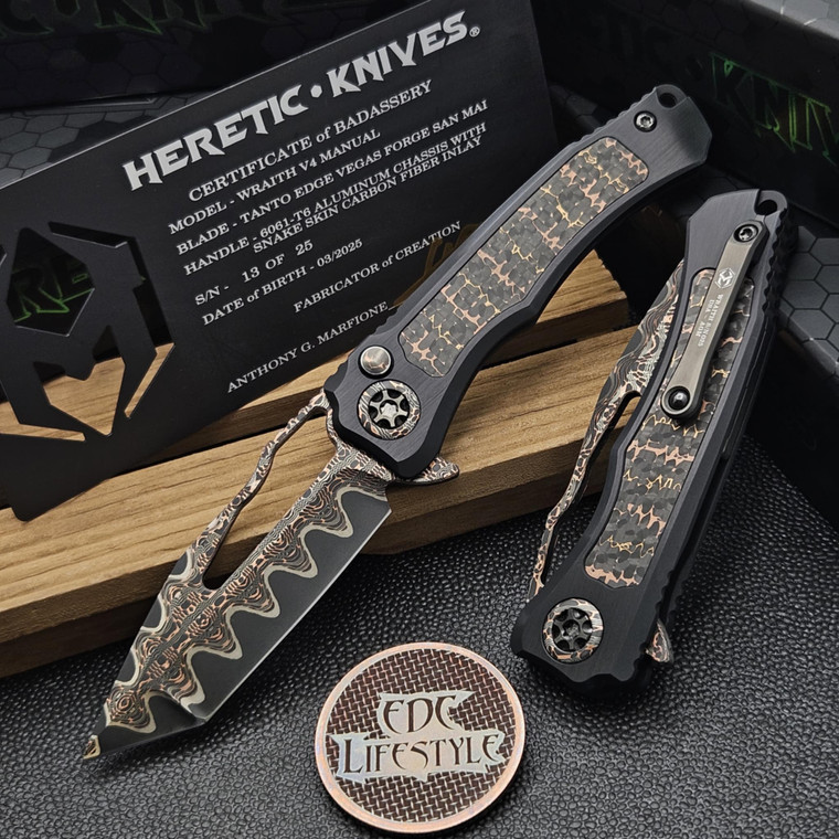 Heretic Custom Knives Wraith V4 Manual Tanto Vegas Forge Damascus