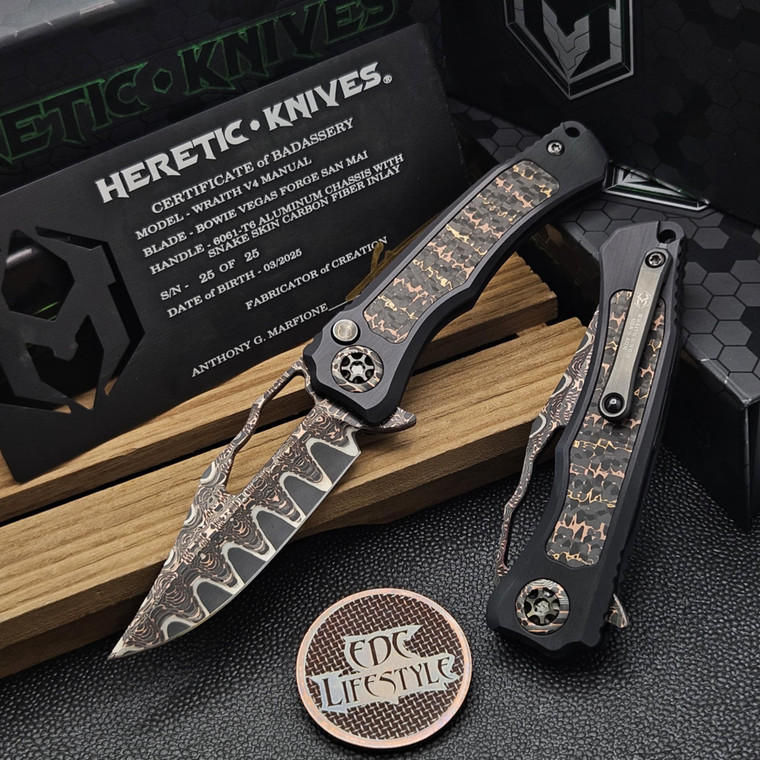 Heretic Custom Knives Wraith V4 Manual Bowie Vegas Forge Damascus w/Snake Skin