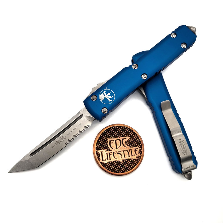 Microtech Ultratech 123-11BL Blue Tanto Edge Partial Serrated Stonewash