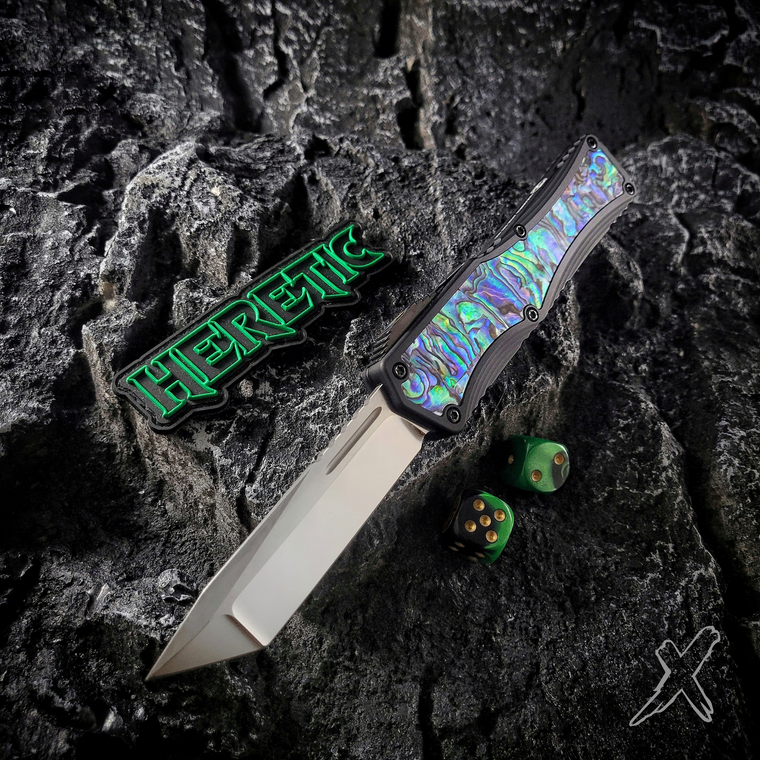 Heretic Knives Custom Colossus Black ANO Abalone Inlays and Elmax Cracked Ice Blade DLC Stonewash DLC Clip, DLC Hardware