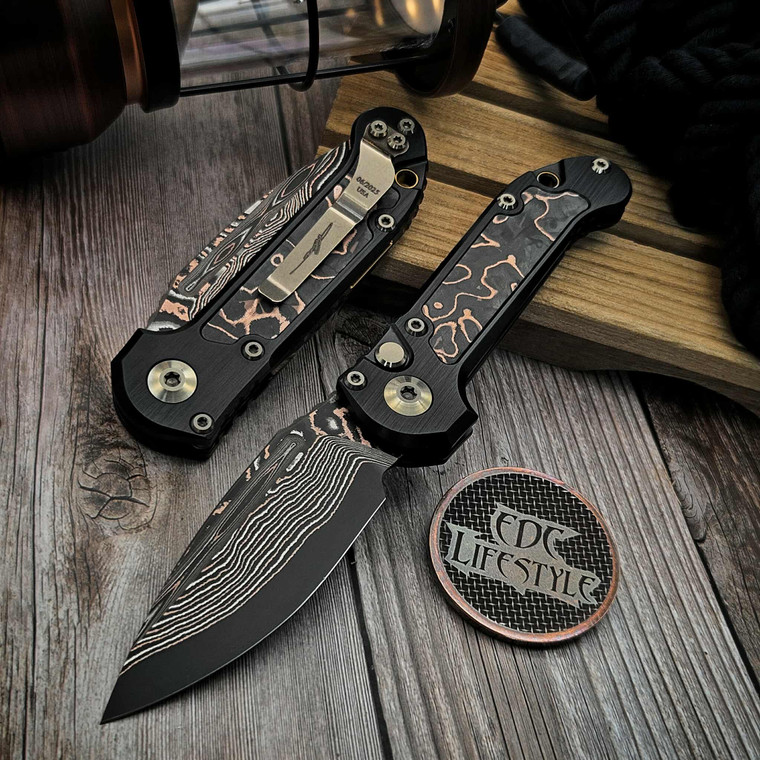 Microtech Knives Marfione Select LUDT Clip Point Gen III 1135-16MS1 Blued Baker Forge Coppermai Damascus w/Protech Livewire Carbon Fiber Inlay Bronzed Ti Accent