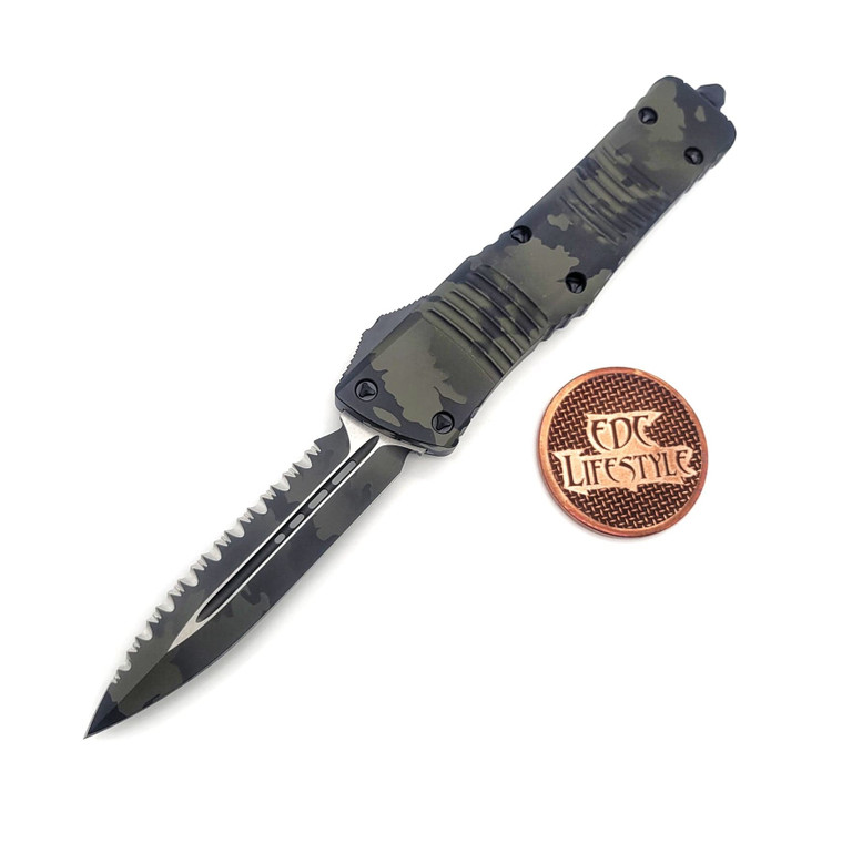 Microtech Combat Troodon 142-3OCS Double Edge Olive Camo Cerakote Handle/Blade Full Serrated Serial #002