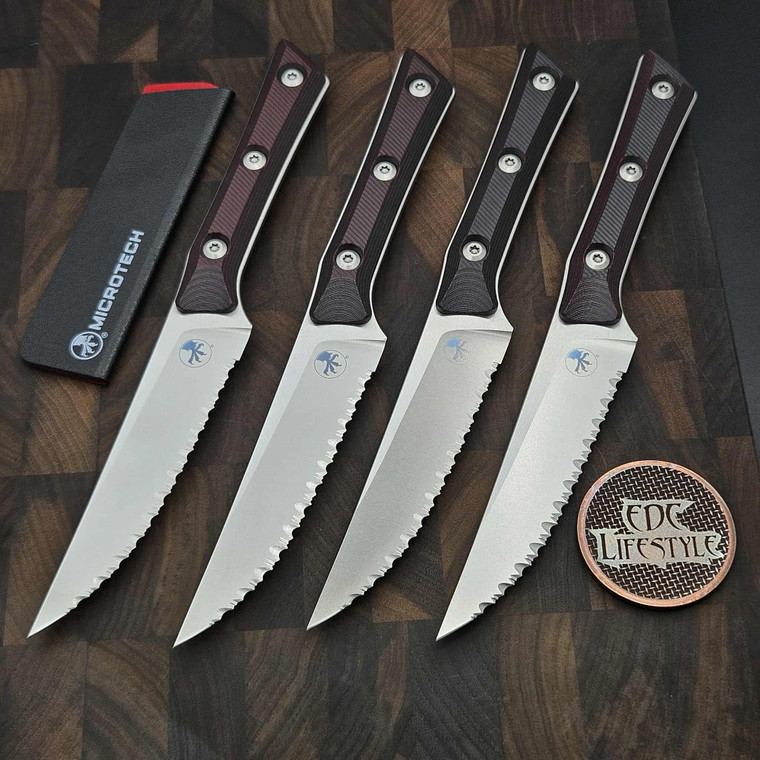 MICROTECH KNIVES 4.5" M390 STEAK KNIFE SET STONEWASH FULL SERRATED BLACK CHERRY G-10 3600-12SETBC