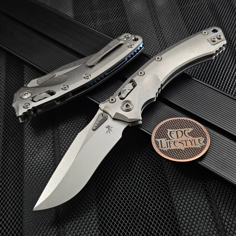 Microtech Amphibian Ram-Lok 137RL-10MS2 Titanium Slab Stonewash Blue Ti Accent Marfione Select