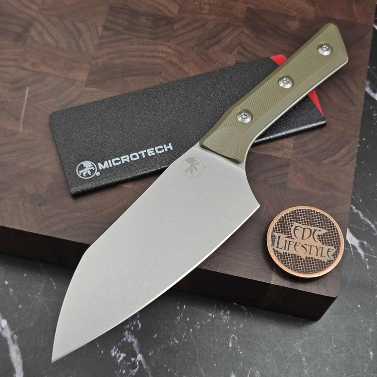MICROTECH KNIVES 6" M390 SANTOKU KNIFE STONEWASH STANDARD OD GREEN G-10 3200-10OD