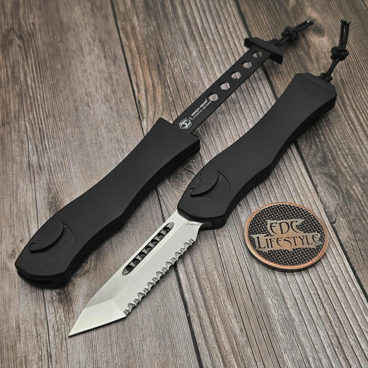 Heretic Knives Hydra V4 Black Single Action 3.75" T/E Full Serrated Stonewash Magnacut H406-2C