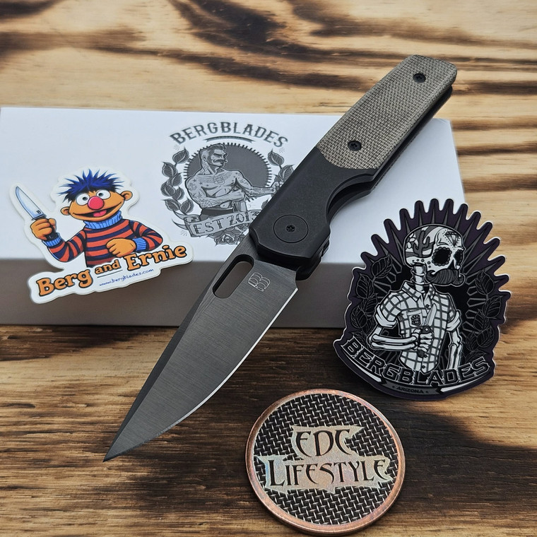 Berg Blades Mini Sweeney DLC Titanium Folder Green Micarta Inlay 2.9" Satin DLC Single Edge Magnacut
