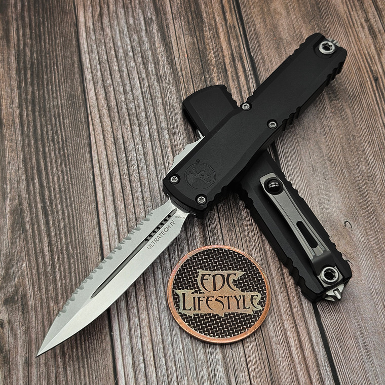 Microtech Ultratech Gen IV Black D/E Full Serrated 3.55" M390MK Stonewash 11224-12