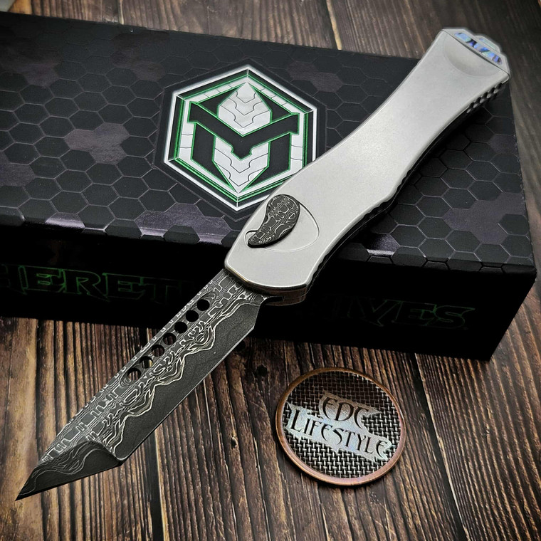 Heretic Custom Knives Hydra V4 Hand Ground Vegas Forge San Mai Reptilian Stainless Steel Chassis w/Damascus Button Cover & Abalone Inlays