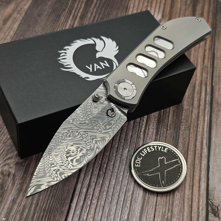 Yan Knives Chevron TS - Titanium w/Zircuti Accents 3.25" Damasteel