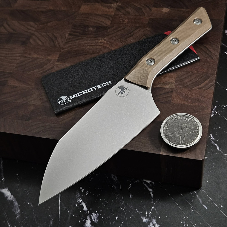 MICROTECH KNIVES 6" M390 SANTOKU KNIFE STONEWASH STANDARD COYOTE TAN G-10 3200-10CE