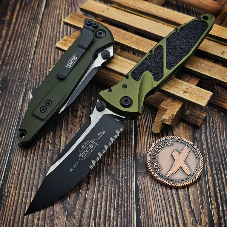 Microtech Socom Elite Manual OD Green 4" S/E Partial Serrated Black 160-2OD Single Edge on EDC Lifestyle