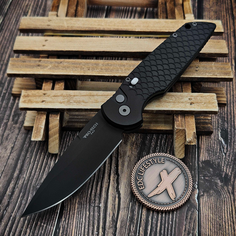 Pro-Tech Knives TR-3 X1 Military Issue Black Fish Scale, 3.5" Black Clip Point TR-3-X1-M